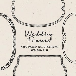 Op de afbeelding: Een set van vier handgetekend bruiloftskaders in zwart en wit met sierlijke details. De kaders zijn perfect om een ​​elegante touch toe te voegen aan uw huwelijksuitnodigingen, save-the-dates of ander speciaal gelegenheidspapier.