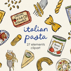 Hand Drawn Italian Watercolor Pasta Illustrations, Italian Dinner Illustrations Clipart, Italian Food Drawing, Illustration for Menu
