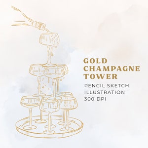Champagne Tower Illustration in PNG, Gold Champagne Glasses Pyramide, Pouring Champagne Tower Line Art Drawing, Wedding Bar Menu