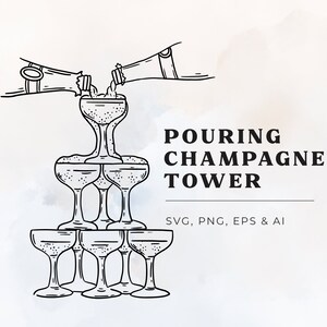 Pouring Champagne Tower Illustration in SVG, Champagne Glass PNG, Champagne Pyramid Lineart, Wedding Champagne Tower Drawing,