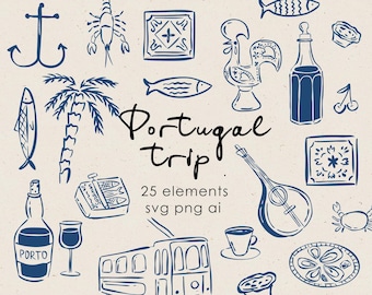 May include: A set of blue hand-drawn illustrations on a beige background, depicting Portuguese cultural symbols. Includes a rooster, fish, wine bottles, a tram, and the text "Portugal trip".