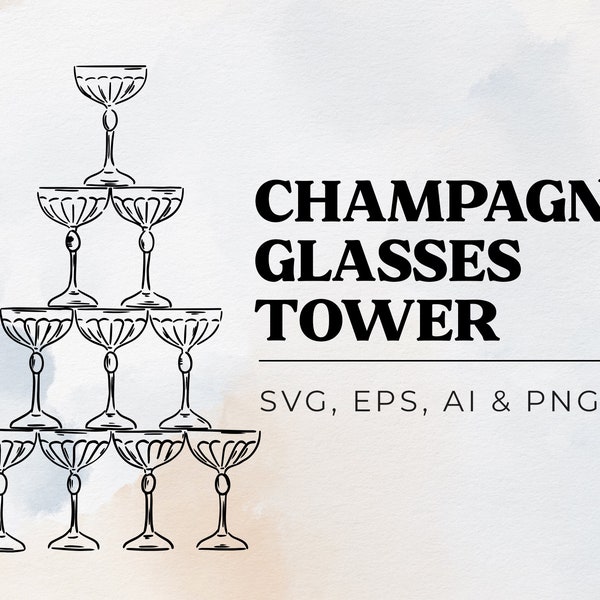 Champagne Glass Tower in SVG, Celebration Champagne in PNG, Champagne Party Art, Wedding Bar Menu, Champagne Glasses Line drawing