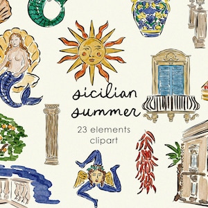 Könnte beinhalten: Aquarell-Cliparts mit sizilianischem Thema, darunter eine Meerjungfrau, eine Sonne und architektonische Elemente. Der Text lautet "Sicilian Summer" und "23 elements clipart". Die Illustrationen sind in Blau-, Orange- und Brauntönen gehalten.
