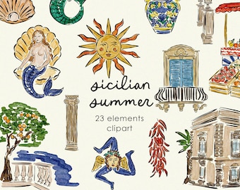 Handgezeichnete italienische Sommer Aquarell Illustrationen Clipart, sizilianische Hochzeits Zeichnungen, Italienische Meerjungfrau Ikonen, Italienische Party Clipart