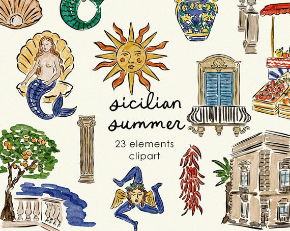 Hand-Drawn Italian Summer Watercolor Illustrations Clipart, Sicilian Wedding Drawings, Italian Mermaid Icons, Italian Party Clipart