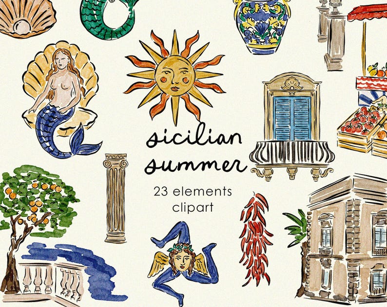 May include: Watercolor clipart set featuring a mermaid, sun, and architectural elements. The text "Sicilian Summer" and "23 elements clipart" are included. The illustrations are in shades of blue, orange, and brown.