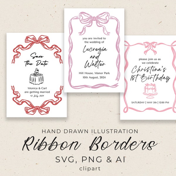 Hand Drawn Wedding Ribbon Border with Bow Clipart in SVG, Editable in Canva Wedding and Birthday Invitation, Whimsical illustration in PNG
