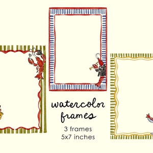 May include: Watercolor frames in three designs, each with a unique border and a cartoon crawfish illustration. The frames are 5x7 inches. One frame has a red and green striped border, another has a blue and red striped border, and the third has a yellow and green wavy border.