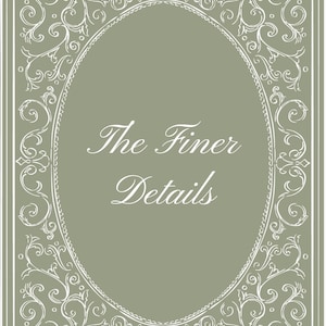 May include: A rectangular sage green sign featuring a white oval border and intricate white scrollwork patterns in the corners. The text "The Finer Details" is printed in white in the center of the oval, written in a cursive script font.
