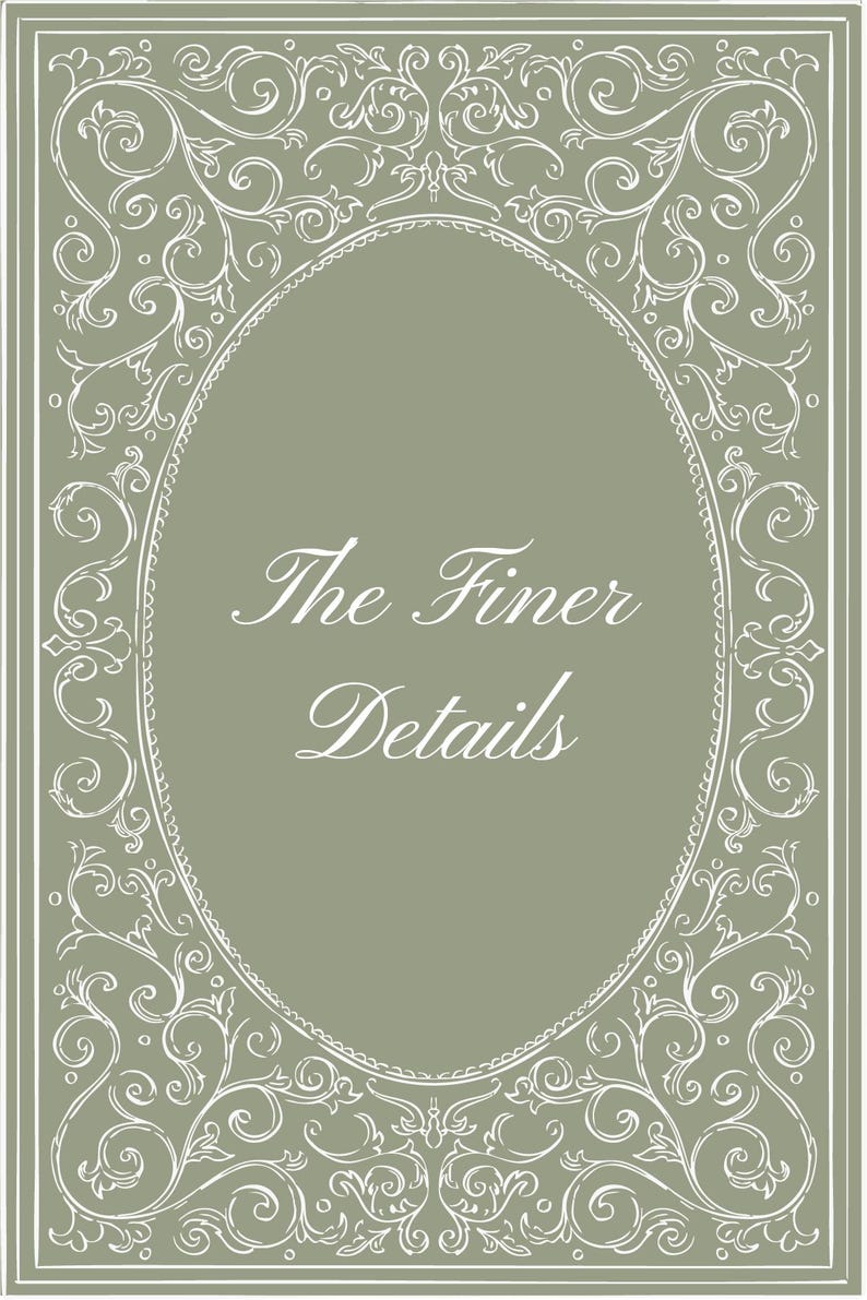 May include: A rectangular sage green sign featuring a white oval border and intricate white scrollwork patterns in the corners. The text "The Finer Details" is printed in white in the center of the oval, written in a cursive script font.