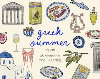 May include: Watercolor clipart set with a Greek summer theme. Includes illustrations of a temple, olives, octopus, fish, a lyre, and a bottle of olive oil. The text "greek summer" is written in blue script.
