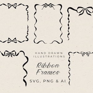 Hand Drawn Frame Borders with Bow, Wedding Invitation Ribbon Borders in Whimsical Style, Editable in Canva Quirky Frames