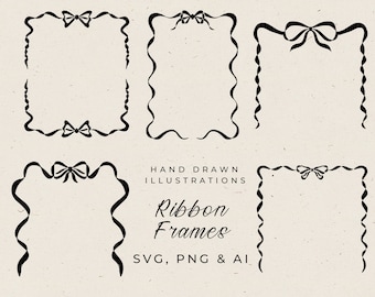 Hand Drawn Frame Borders with Bow, Wedding Invitation Ribbon Borders in Whimsical Style, Editable in Canva Quirky Frames