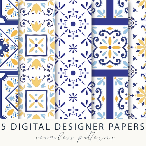 Portuguese Tiles Digital Paper, Azulejos Tiles in Blue & Yellow, Seamless Portuguese Patterns, Ornamental Pattern Printable