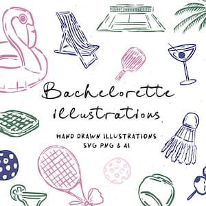 Handgetekende tennisillustraties voor vrijgezellenfeestuitnodiging, kustillustraties, uitnodiging vrijgezellenfeest, uitnodiging repetitie diner
