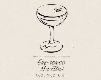 Ilustración de Espresso Martini en SVG, boceto de cóctel Espresso Martini en PNG, dibujo artístico de cóctel, letrero de cóctel con firma de boda