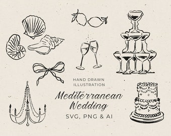 Hand Drawn Italian Wedding Clipart in SVG, Champagne Tower Illustration and Coupe in PNG, Editable in Canva, Wedding in Whimsical Style