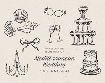 Clipart di matrimonio italiano disegnato a mano in SVG, illustrazione della torre dello champagne e coupé in PNG, modificabile in Canva, matrimonio in stile stravagante