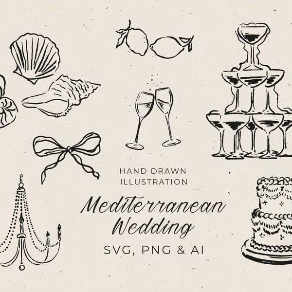 Hand Drawn Italian Wedding Clipart in SVG, Champagne Tower Illustration and Coupe in PNG, Editable in Canva, Wedding in Whimsical Style