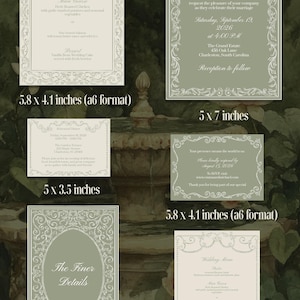 May include: A collection of sage green and white wedding stationery cards featuring ornate scrollwork borders. The set includes various sizes labeled as 5.8 x 4.1 inches, 5 x 7 inches, 5 x 3.5 inches, and 4 x 6 inches, displaying wedding menu and invitation text.