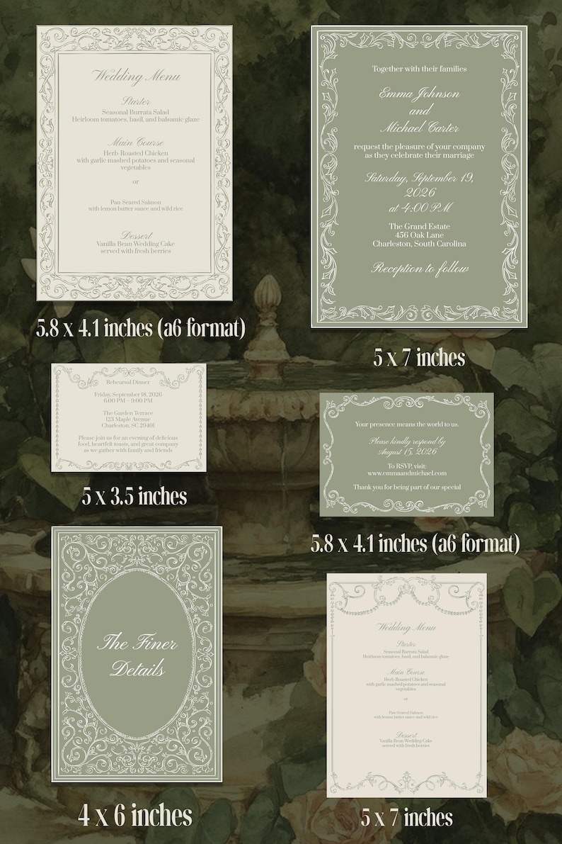 May include: A collection of sage green and white wedding stationery cards featuring ornate scrollwork borders. The set includes various sizes labeled as 5.8 x 4.1 inches, 5 x 7 inches, 5 x 3.5 inches, and 4 x 6 inches, displaying wedding menu and invitation text.