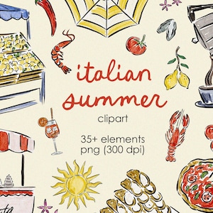 Handgetekende Italiaanse aquarel iconen clipart, Italiaans diner illustraties voor bruiloft en vrijgezellenfeest, aquarel Italiaans zomereten