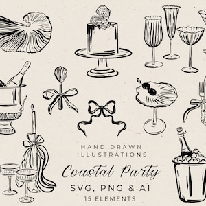 Illustrations d'enterrement de vie de jeune fille côtières dessinées à la main, clipart icônes mariage pour invitation, modifiable sur toile, invitation à dîner de répétition