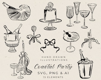 May include: Black and white hand-drawn illustrations of coastal party elements, including champagne bottles, glasses, a seashell, a cake, a bowl of oysters, and a bow. The text "Hand Drawn Illustrations Coastal Party SVG, PNG & AI 15 Elements" is included.