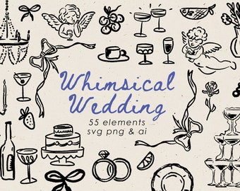 Hand Drawn Whimsical Wedding Bundle, Wedding Illustration Icons for Invitation, Editable in Canva, Wedding Doodle in Quirky Style in SVG