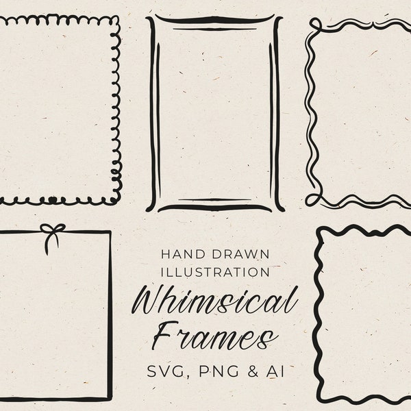 Wedding Frames in Whimsical Style in SVG, Hand Drawn Border Clipart, Quirky Border with Bow in PNG, Wedding Invitation Editable in Canva