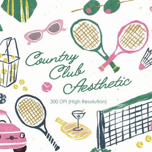 Handgetekende aquarel tennis vrijgezellenfeest illustratie clipart, Country Club Tennis esthetische tekeningen, Pickleball clipart
