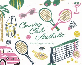 Hand-Drawn Watercolor Tennis Bachelorette Party Illustration Clipart, Country Club Tennis Aesthetic Drawings, Pickleball Clipart