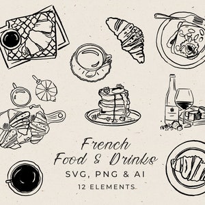Comida e bebidas francesas desenhadas à mão em estilo caprichoso, convite para jantar de ensaio, modelo de convite para jantar, cartão de chá de panela