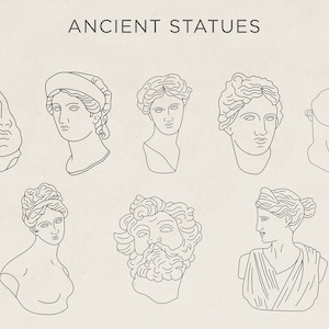 K&ouml;nnte beinhalten: Linienkunst-Illustration von acht antiken Statuen mit verschiedenen Frisuren und Gesichtsausdr&uuml;cken. Die Statuen sind in Schwarzwei&szlig; auf einem beigefarbenen Hintergrund gezeichnet. Der Text "ANCIENT STATUES" befindet sich oben im Bild.