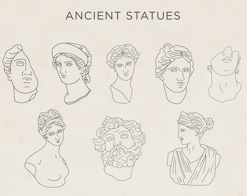 K&ouml;nnte beinhalten: Linienkunst-Illustration von acht antiken Statuen mit verschiedenen Frisuren und Gesichtsausdr&uuml;cken. Die Statuen sind in Schwarzwei&szlig; auf einem beigefarbenen Hintergrund gezeichnet. Der Text "ANCIENT STATUES" befindet sich oben im Bild.