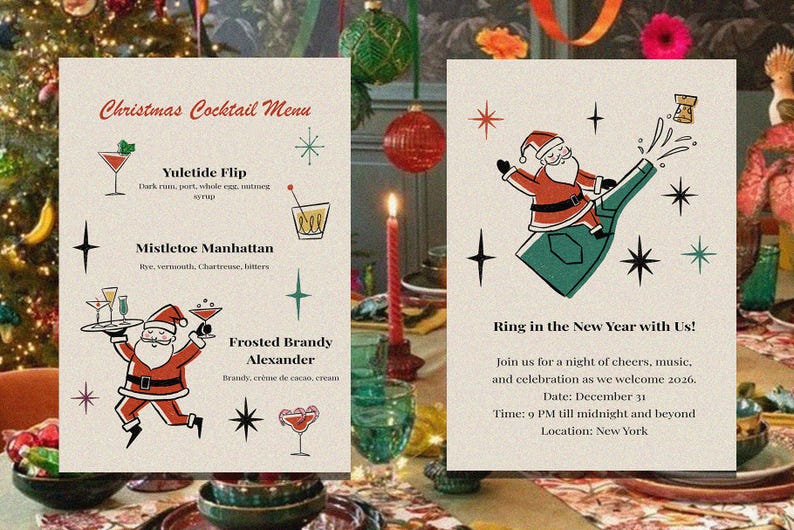 Handritade illustrationer av jultomten i Martini, clipart med gladare Martini, retro jultomte i Martini, illustrationer med mitten av århundradet bild 3