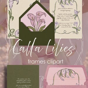 Puede incluir: Clipart de marcos de calas. La imagen presenta diseños de invitaciones de boda con ilustraciones de calas. Los diseños incluyen sobres, tarjetas y bordes florales en tonos verdes, rosas y crema. El texto incluye detalles de la boda.