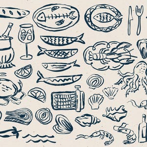 May include: A black and white illustration of various seafood items, including a crab, lobster, octopus, fish, and shrimp. There are also illustrations of wine glasses, a bottle of wine, a baguette, and lemons.