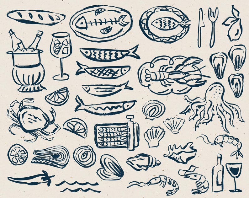 May include: A black and white illustration of various seafood items, including a crab, lobster, octopus, fish, and shrimp. There are also illustrations of wine glasses, a bottle of wine, a baguette, and lemons.