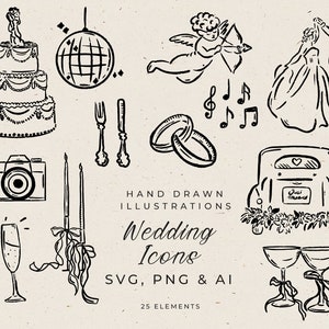 Handgezeichnete Hochzeits-Icons Clipart in SVG, Hochzeits-Doodle-skurrile Illustrationen, bearbeitbar in Canva-Einladungsvorlage, wunderlicher Stil