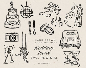Peut inclure: Un ensemble de 25 icônes de mariage dessinées à la main en noir et blanc. Les icônes comprennent un gâteau de mariage, une boule à facettes, une fourchette et un couteau, des alliances, des notes de musique, un cupidon avec une flèche, une mariée et un marié dansant, une voiture avec "Just Married" à l'arrière, des flûtes à champagne et des bougies.