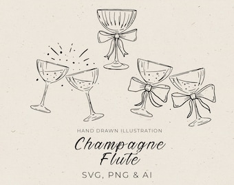 Champagne Glasses Hand Drawn Illustrations in SVG, Wedding Champagne Invitation Card, Wedding Bar Menu, Champagne Toasting, Canva Template