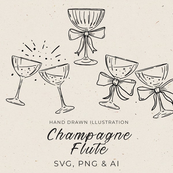 Champagne Glasses Hand Drawn Illustrations in SVG, Wedding Champagne Invitation Card, Wedding Bar Menu, Champagne Toasting, Canva Template