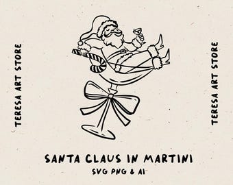 Handgezeichneter Weihnachtsmann in Martini Illustration im wunderlichen Stil. Weihnachts-Dinner-Party Einladung. Urlaub Cocktails Zeichnungen