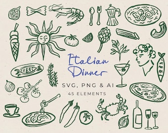 Handgezeichnetes Doodle-Hochzeits-Icon-Bundle, italienische Illustration im wunderlichen Stil in PNG, Abendessen Clipart bearbeitbar in Canva, mediterrane Symbole