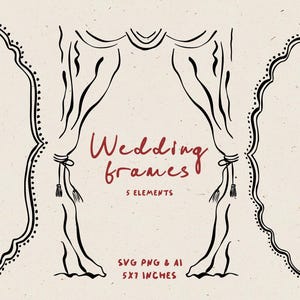 Może przedstawiać: Pięć czarno-białych ramek ślubnych z kropkowanym obramowaniem. Ramki mają kształt łuku i są ozdobione frędzlami. Tekst "Wedding Frames" i "5 Elements" jest napisany na czerwono.