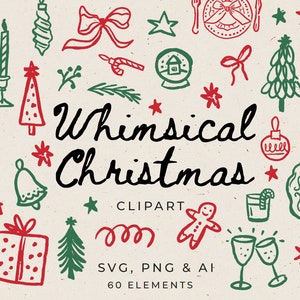 Clipart de Natal caprichoso desenhado à mão em SVG, pacote de Doodle de inverno, cartão de convite de Natal editável em Canva, ilustração de Friendsmas