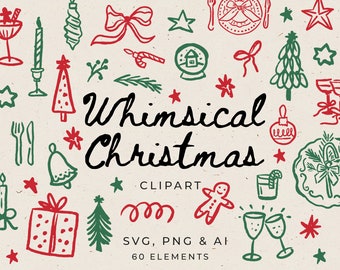 Handritad nyckfull julclipart i SVG, vinterklotterpaket, julinbjudningskort redigerbart i Canva, Friendsmas-illustration