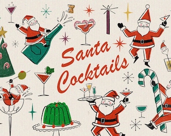 Puede incluir: Ilustración de estilo vintage con el texto "Santa Cocktails". La imagen presenta figuras de Papá Noel, cócteles y elementos festivos como un árbol de Navidad y un bastón de caramelo. La paleta de colores incluye rojo, verde y blanco.