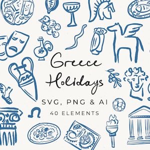 Clipart di cibo greco disegnato a mano, scarabocchio greco in formato SVG, raccolta di illustrazioni di cibo in stile fantasioso modificabili in Canva, invito a nozze greco